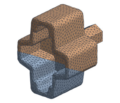 A nut crank split into two bodies, meshed so that their triangles meet along the shared interface.
