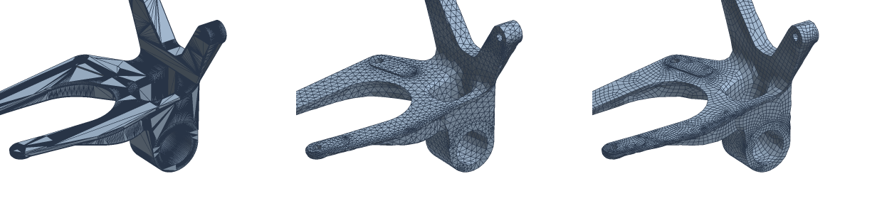 Three views of a CAD bracket: as exported with long thin triangles, remeshed into even triangles, and remeshed into quads.