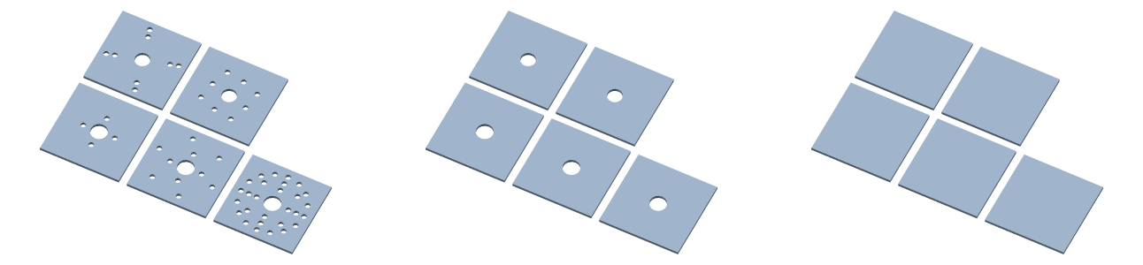 Three views of a punched plate: as exported, with small holes removed, and with larger holes removed.