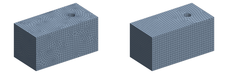 A block with a hole meshed into quads two ways: an irregular quad mesh, and a clean grid on every face.