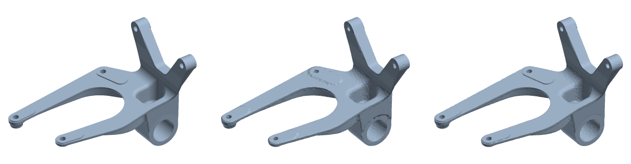 Three views of a bracket: as exported, wrapped in a closed surface, and wrapped keeping its sharp edges.